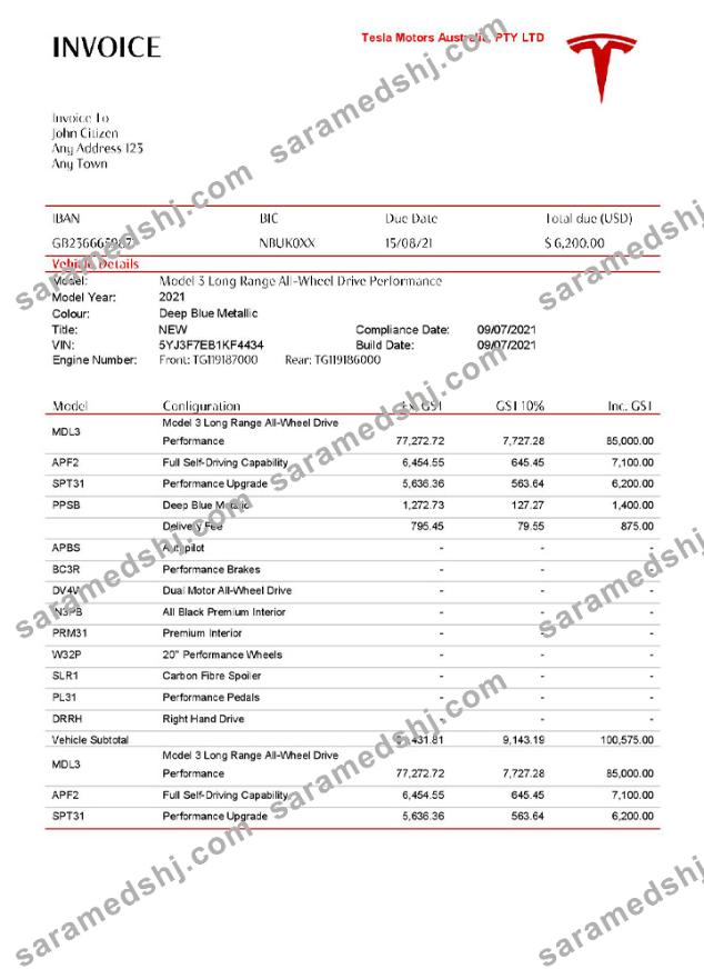 USA Tesla invoice